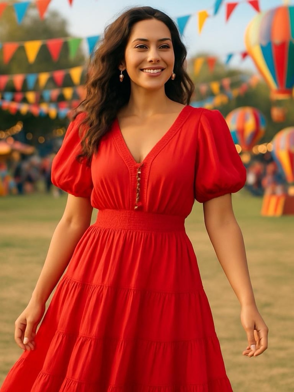 J Gee Red Women's Boho Cottagecore Midi‎ Dress Tiered, Milkmaid Size L